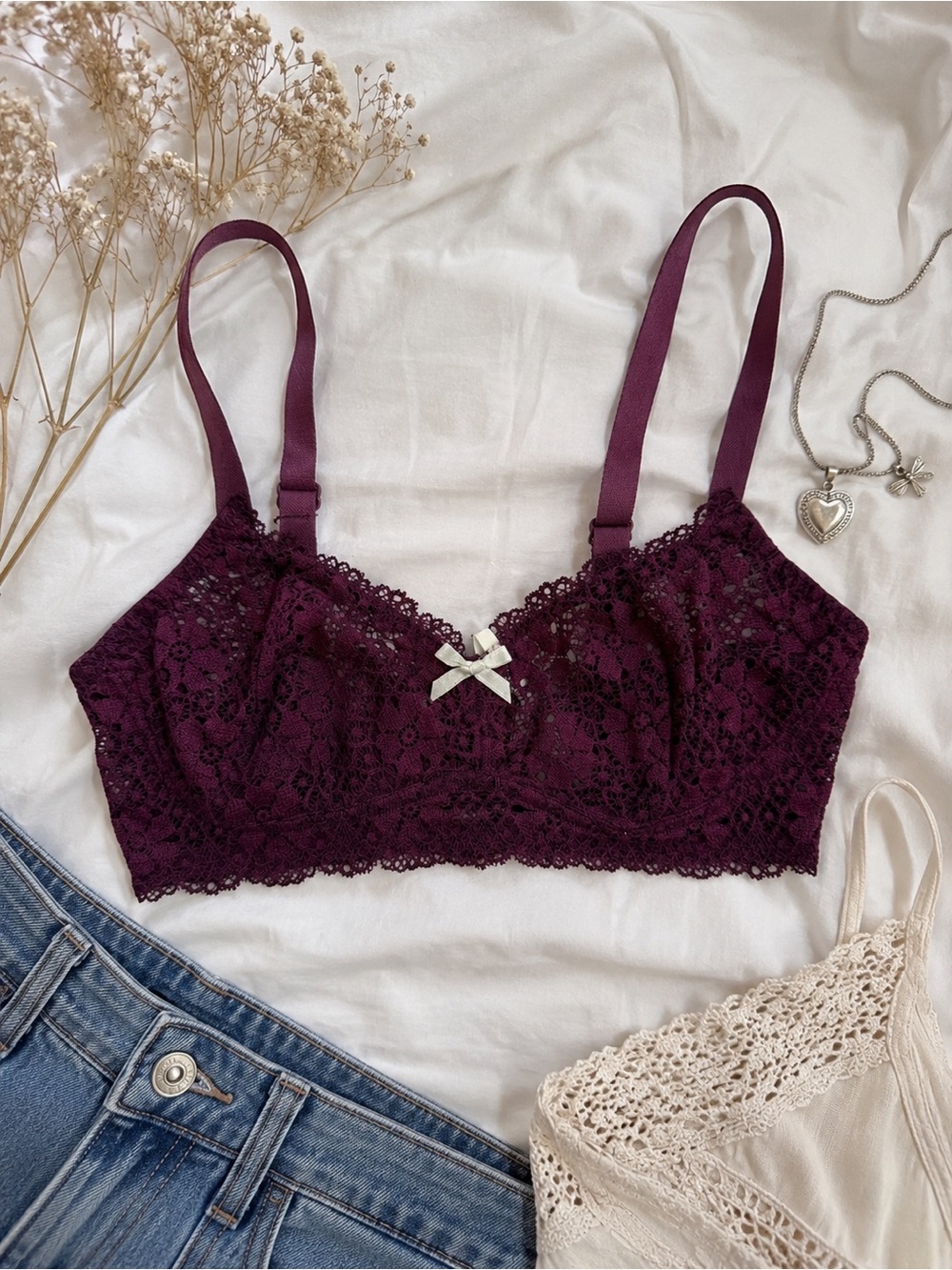 Reformation x Cosabella Lace Bralette Burgundy Plum Lace Bra Small Made in Italy